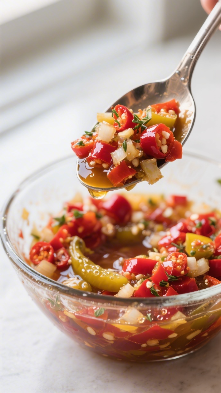 Close-up detail: A glistening spoonful of hot chopped pepper relish being stirred in a glass mixing 