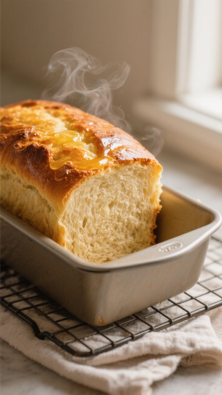 Close-up detail: A golden, freshly baked loaf just out of the 9x5-inch pan, crust brushed with melte