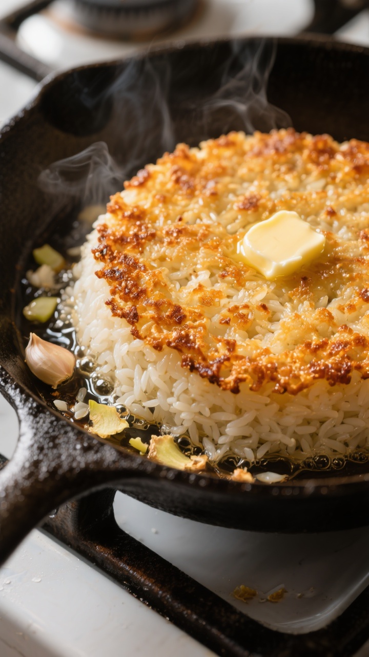 Close-up detail: A golden, shatter-crisp crust of crispy rice searing in a well-seasoned cast-iron s