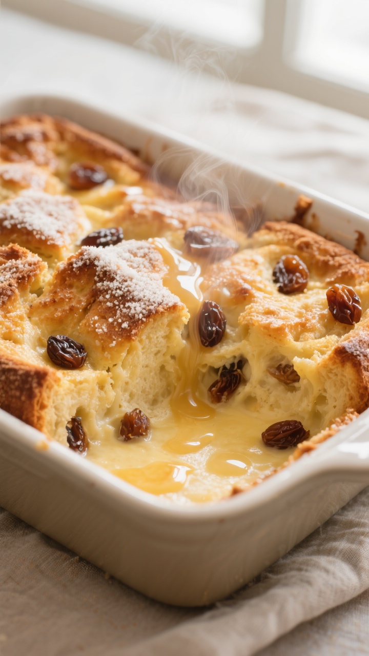 Close-up detail: A just-baked bread pudding in a 9x13 dish, golden, caramelized top with a light sug