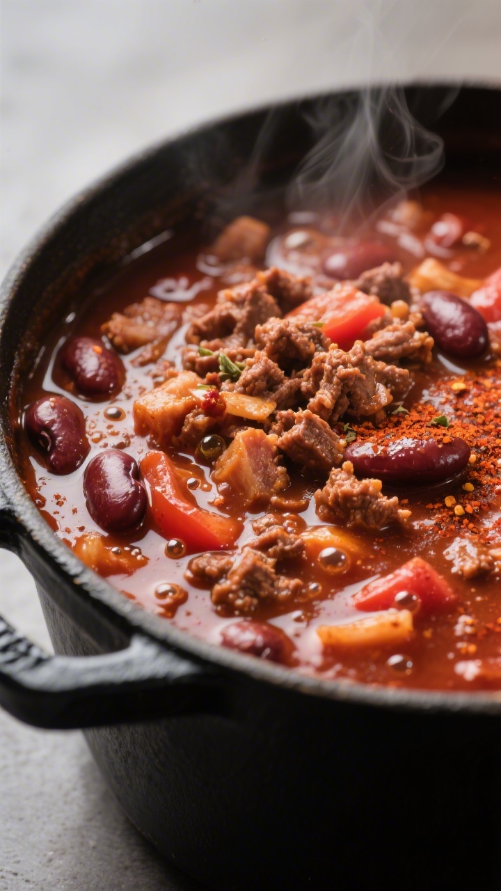 Close-up detail: A rich, simmering pot of Pepper Belly Pete’s Chili in a matte-black Dutch oven, s