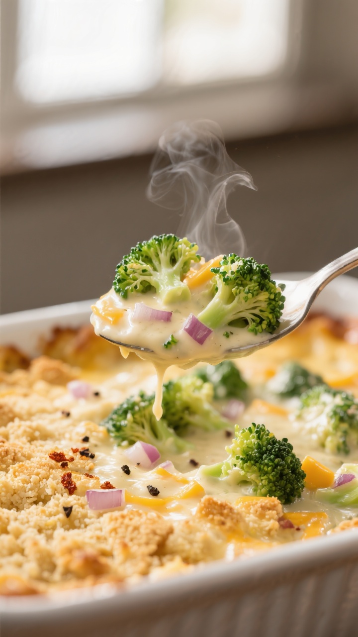 Close-up detail: A spoonful of creamy broccoli and cheese casserole lifted from the baking dish, sho