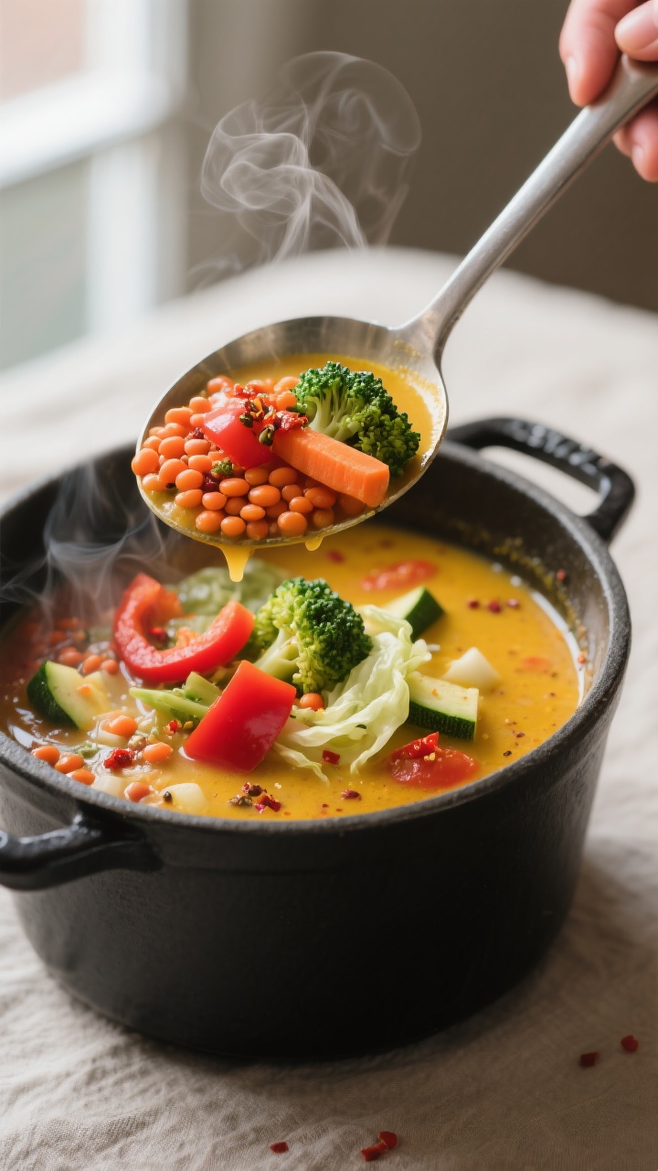 Close-up detail: A steaming ladle of Belly Fat Melter Soup lifted just above the pot, showcasing ten
