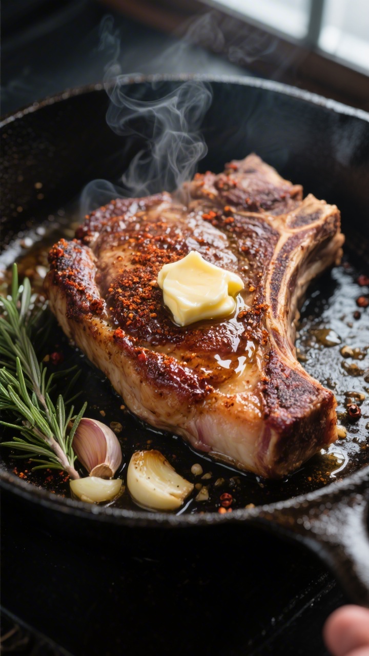 Close-up detail: A thick, bone-in cowboy pork chop sizzling in a cast-iron skillet during the butter