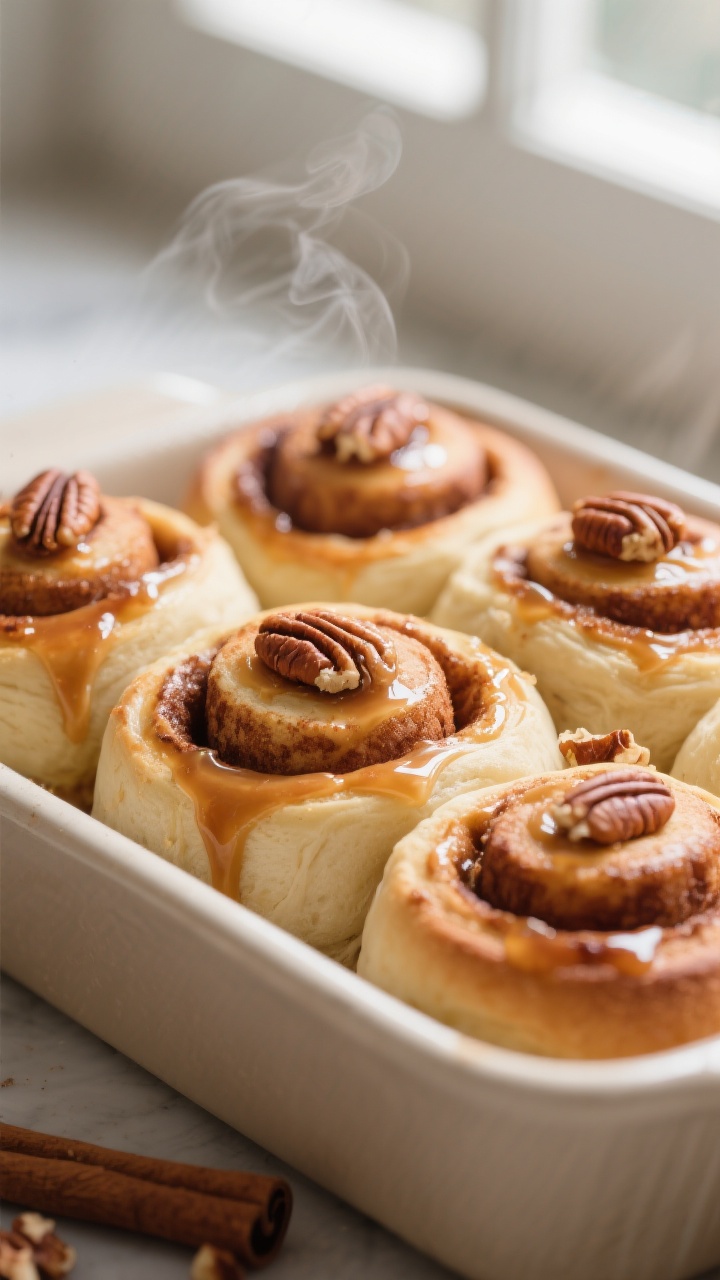 Close-up detail: Extra-gooey cinnamon rolls just out of the oven, caramelized edges glistening with 