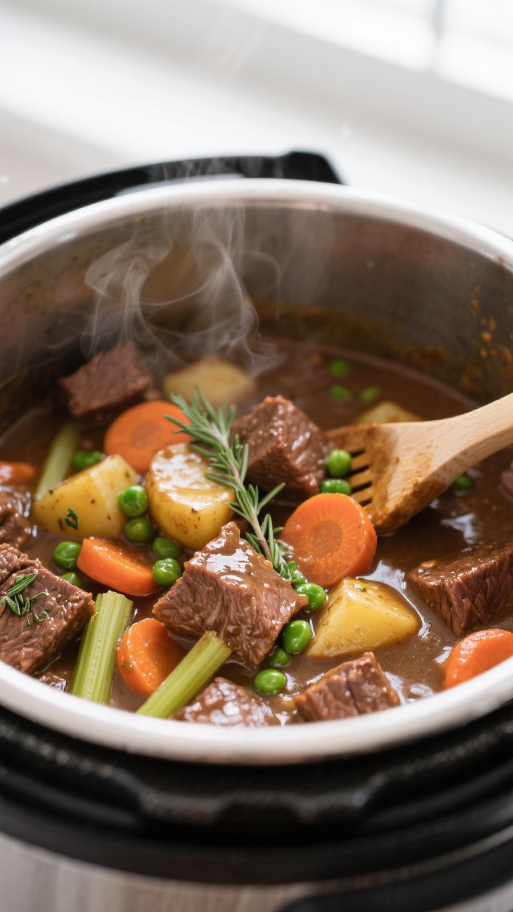 Close-up detail: Fork-tender cubes of browned beef and soft Yukon gold potatoes in glossy, thickened
