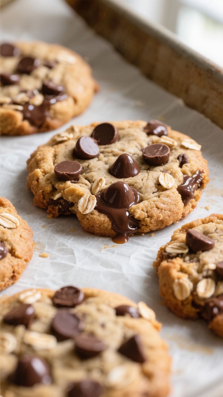 Close-up detail: Freshly baked monster cookies just out of the oven on a parchment-lined sheet, edge