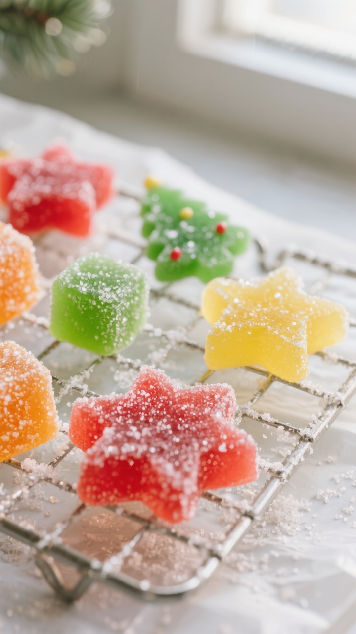 Close-up detail: freshly cut gumdrops in festive shapes (stars, trees, and 3/4-inch cubes) tossed in