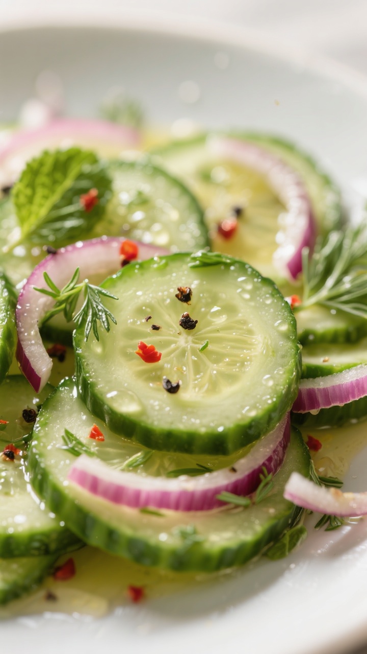 Close-up detail: Glossier, tangy cucumber salad already dressed — thin 1/8-inch English cucumber r
