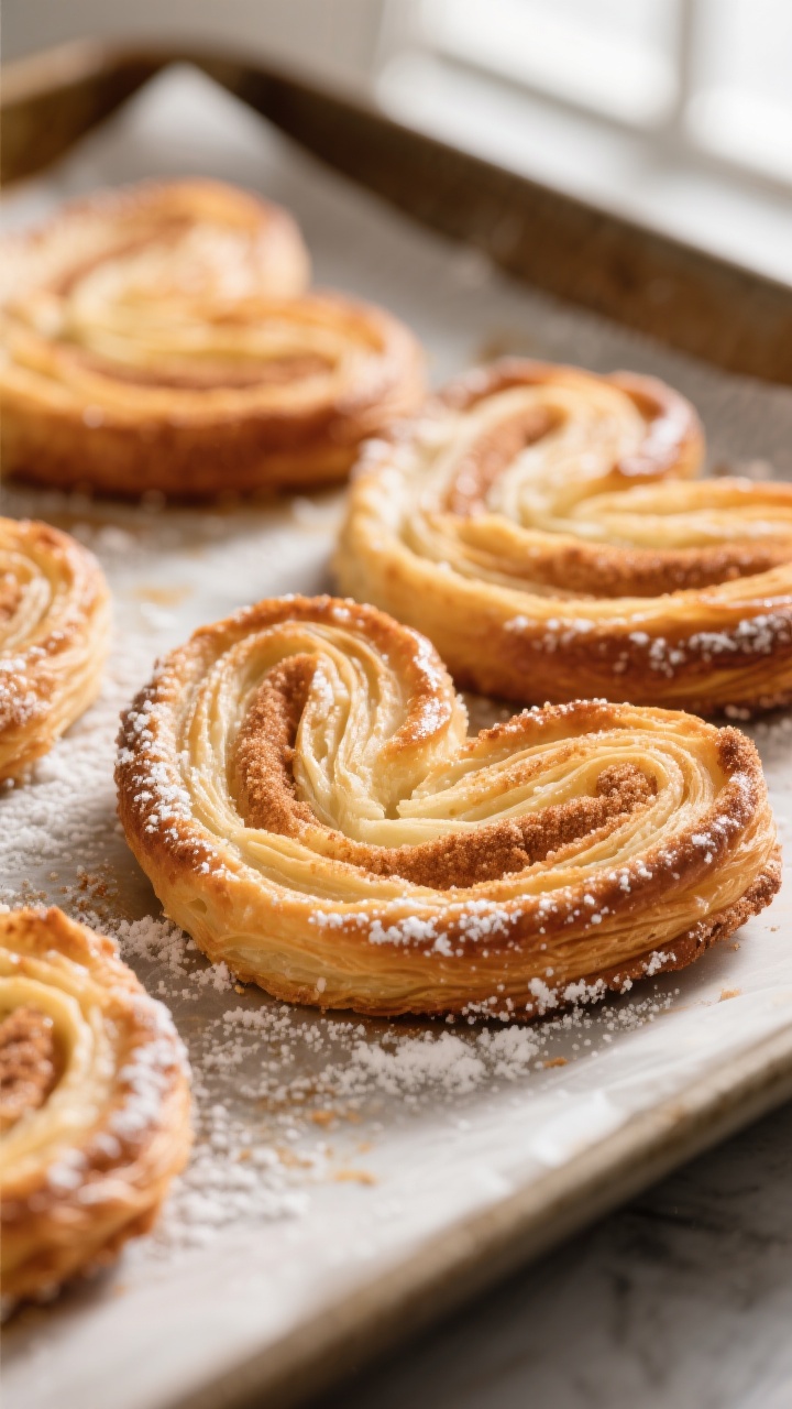 Close-up detail: Golden-brown cinnamon sugar palmiers just out of the oven, the flaky puff pastry la