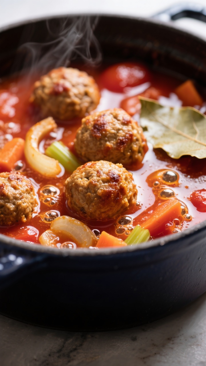 Close-up detail: Golden-browned 1-inch meatballs nestled in a simmering tomato-broth with softened o