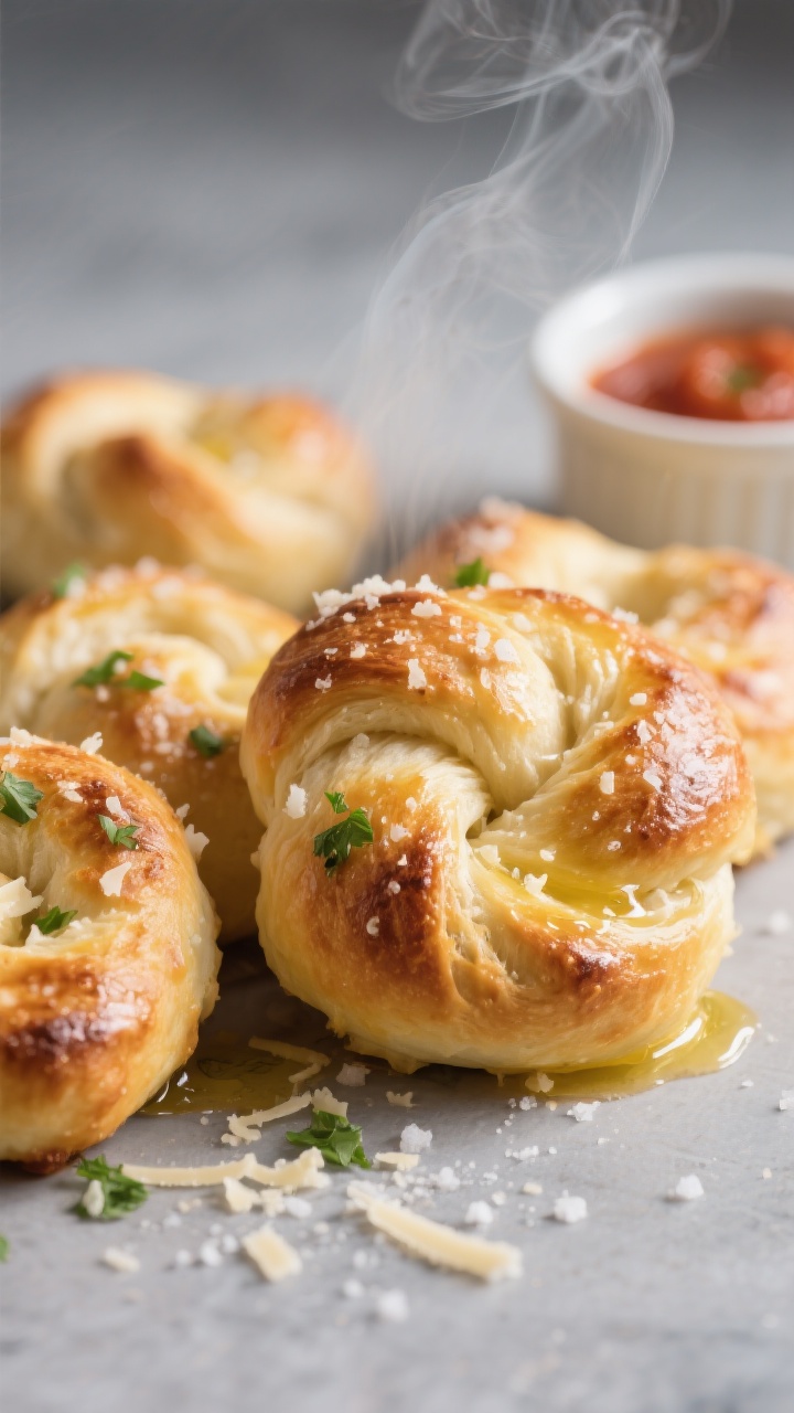 Close-up detail: Golden garlic knots just out of the oven, glossy with melted butter and olive oil, 