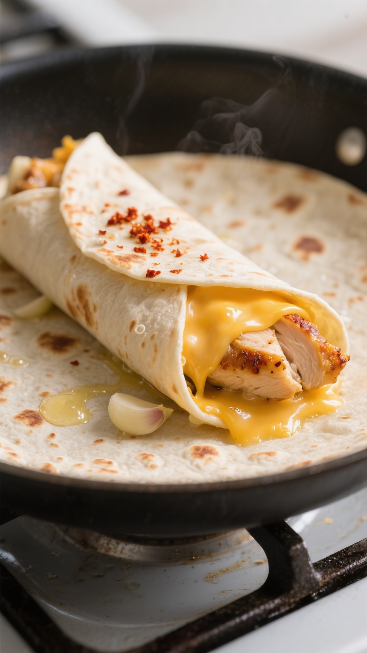 Close-up detail: Golden-toasted cheesy garlic chicken wrap being seared seam-side down in a skillet,