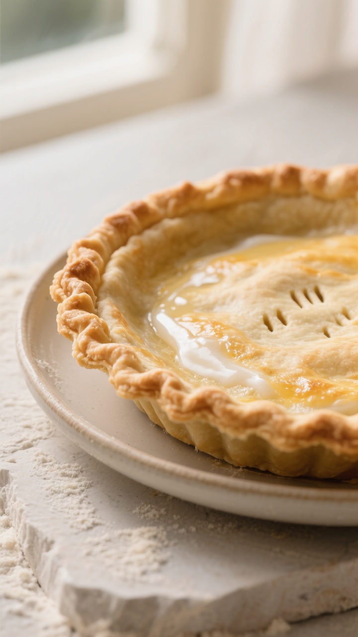 Close-up detail of a blind-baked pie crust just out of the oven: golden, crisp crimped edges with de