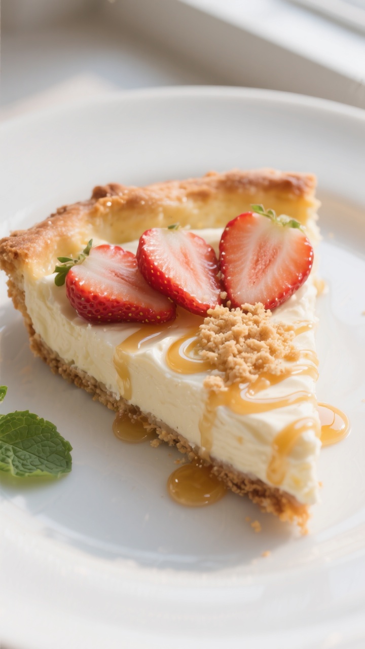 Close-up detail of a Strawberry Cheesecake dessert pizza slice: silky cream cheese-vanilla base swir
