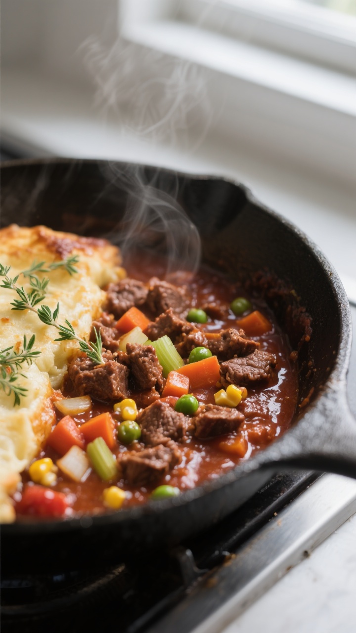 Close-up detail: Shepherd’s pie filling simmering in a deep skillet, showing glossy, thickened bee