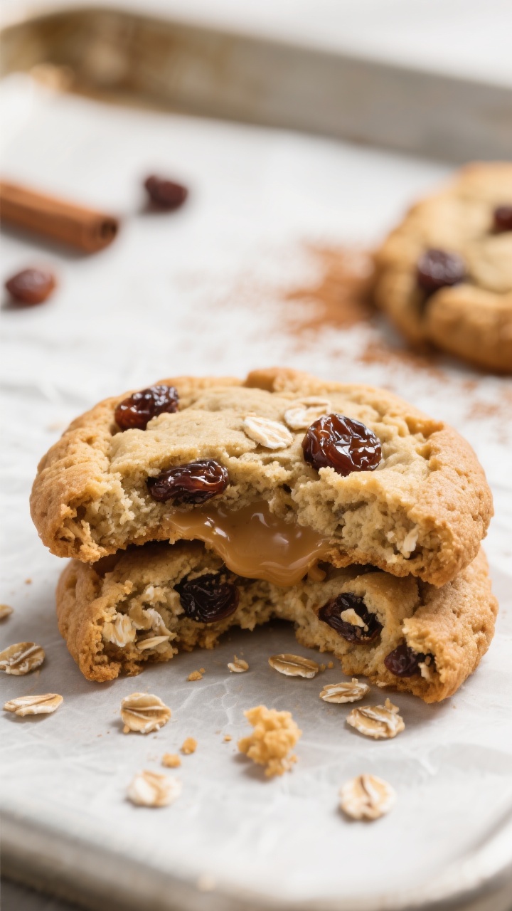 Close-up detail shot: A just-baked oatmeal raisin cookie torn in half to reveal a soft, slightly und