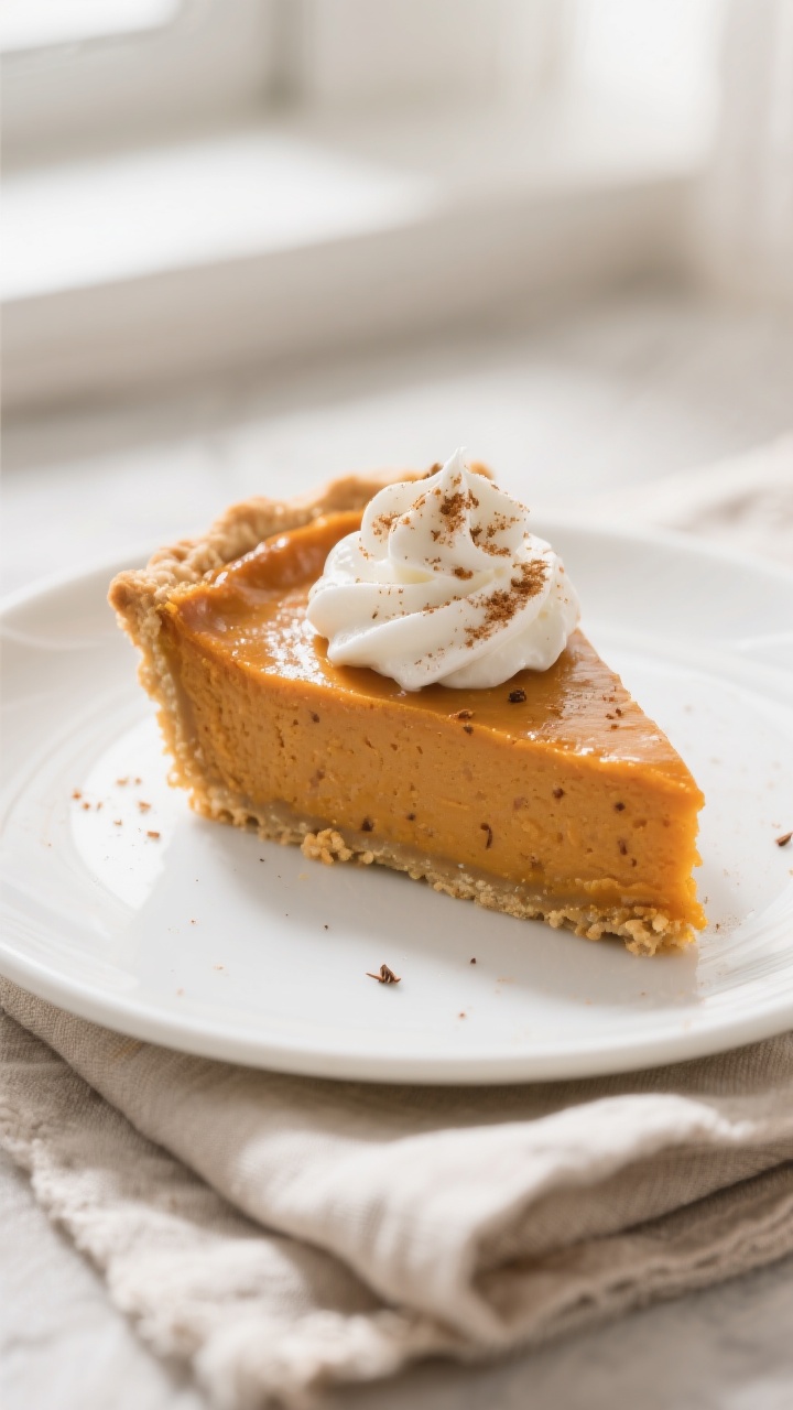 Close-up detail shot: A slice of crustless pumpkin pie just cut, the custard showing a silky, creamy