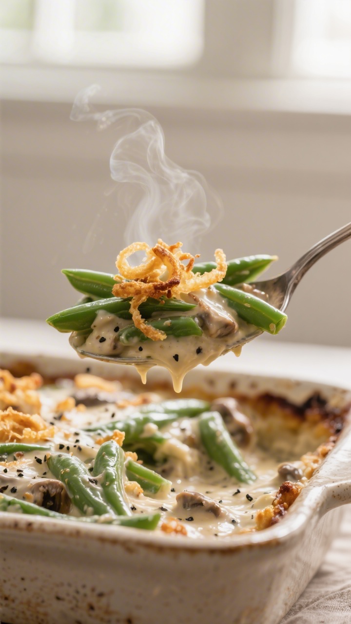 Close-up detail shot: A spoonful lift of bubbling green bean casserole just out of the oven, showcas