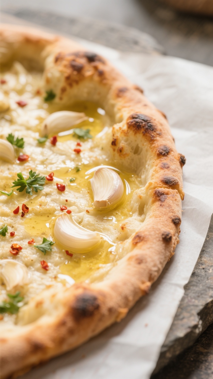 Close-up detail shot: Golden, par-baked garlic pizza crust on parchment, brushed with glistening gar