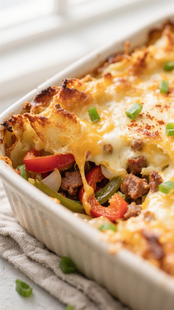 Close-up detail shot of a golden, freshly baked breakfast potato casserole corner just out of the ov