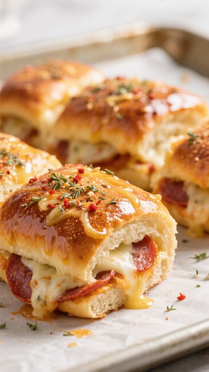Close-up detail shot of freshly baked Hawaiian roll pizza sliders just after uncover-and-crisp step: