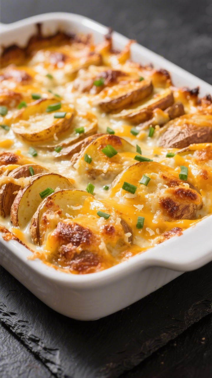 Close-up detail shot of the baked Texas de Brazil–style potatoes au gratin just out of the oven: g