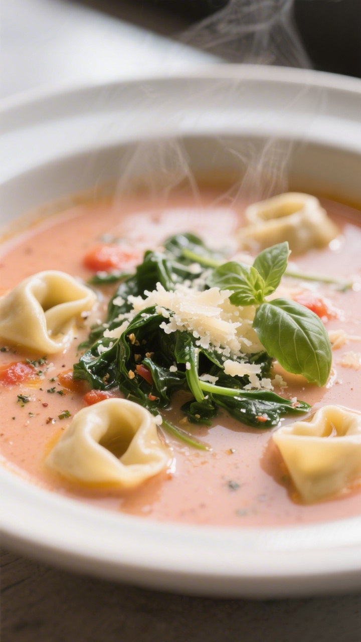 Close-up detail: Silky creamy tortellini soup just after adding cream and Parmesan, with tender chee