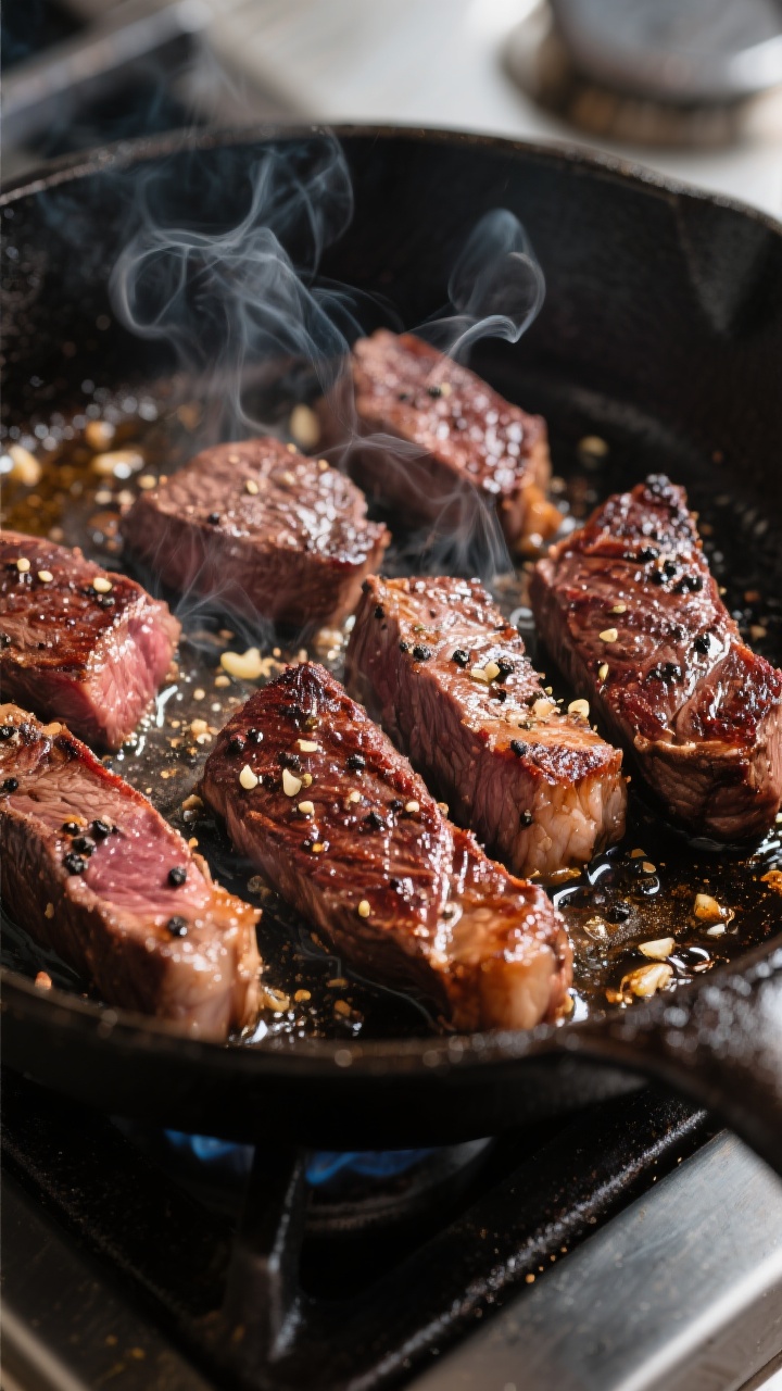 Close-up detail: Sizzling sirloin steak tips mid-sear in a cast-iron skillet, deep mahogany crust fo