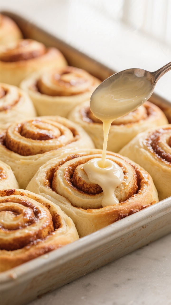 Close-up detail: Soft, freshly baked Rhodes cinnamon rolls in a 9x13 butter-greased dish just out of