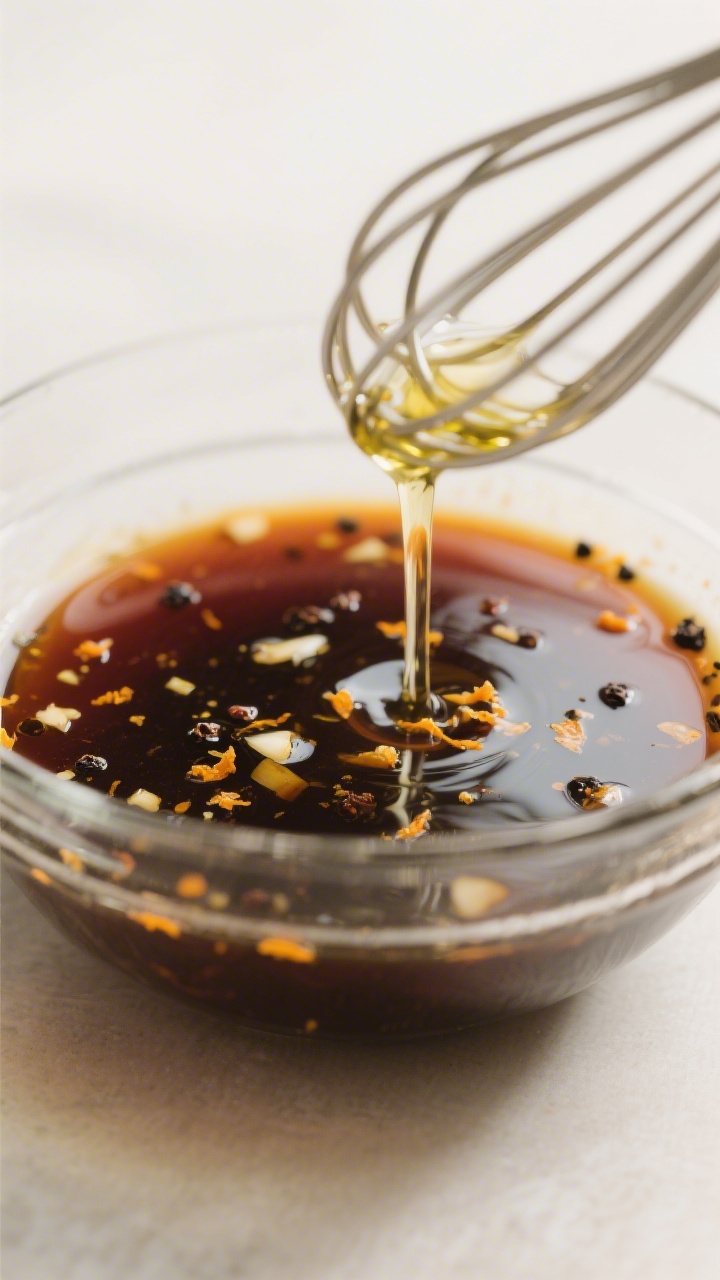 Close-up detail: Thick, glossy citrus balsamic vinaigrette mid-emulsion in a clear glass mixing bowl