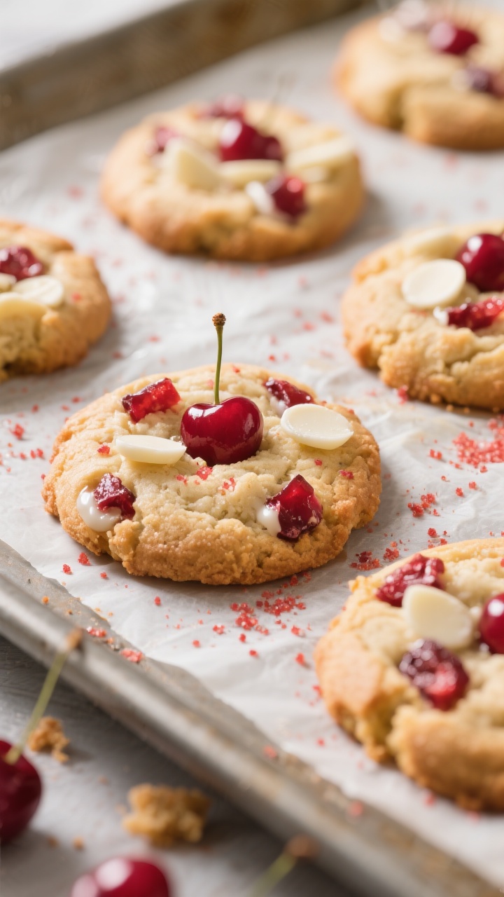 Close-up detail: Warm cherry cookies just out of the oven with lightly crisp, golden edges and soft,