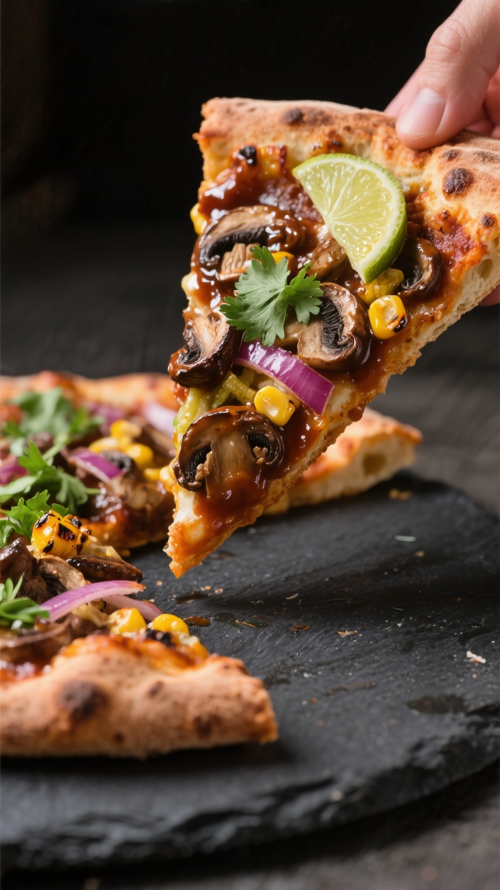 Close-up final presentation: Smoky BBQ vegan pizza slice being lifted from the pie, extreme close-up