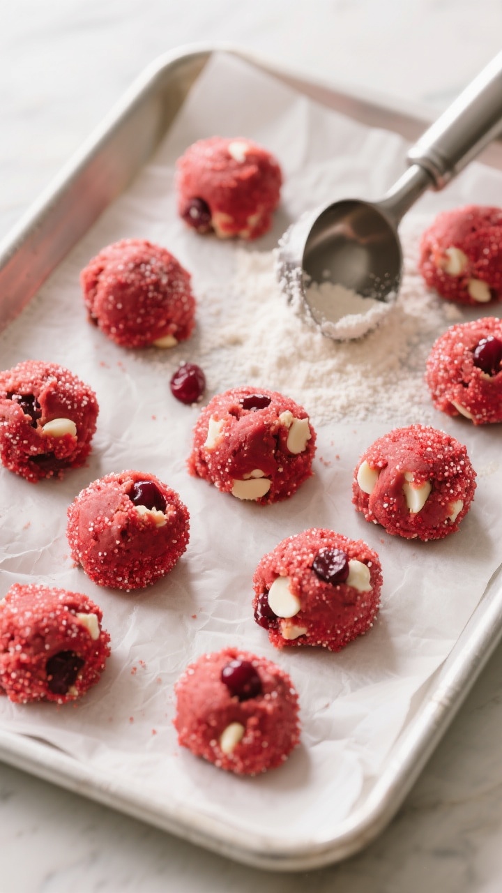 Cooking process: Chilled cookie dough balls rolled in red sanding sugar on a parchment-lined tray, r
