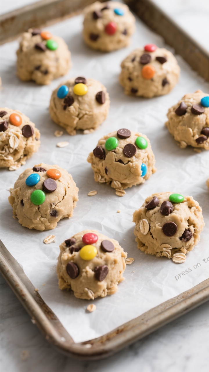 Cooking process: Chilled monster cookie dough balls arranged a few inches apart on a parchment-lined