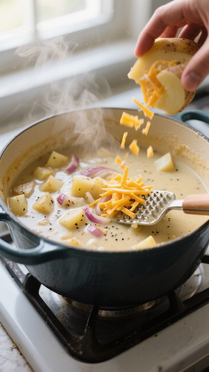 Cooking process close-up: A Dutch oven on the stove with the roux-based potato soup mid-simmer, show