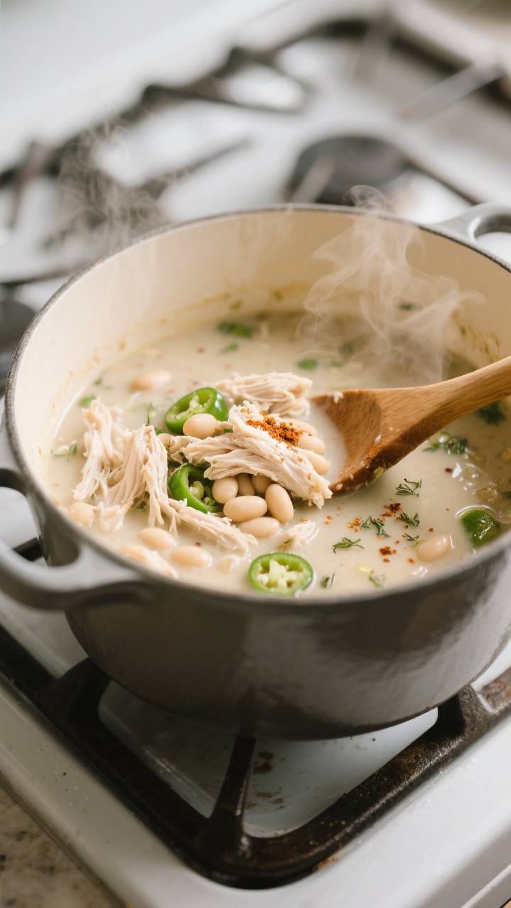 Cooking process close-up: A steaming pot of white chicken chili at a gentle simmer, showing tender s