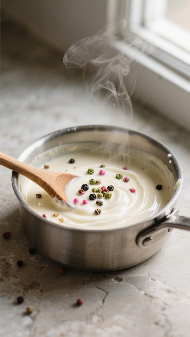 Cooking process, close-up detail: A tight, shallow-depth-of-field shot of creamy peppercorn sauce ge