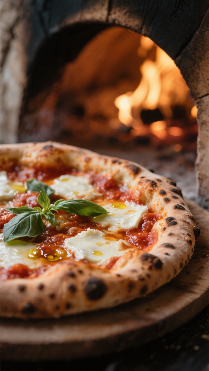 Cooking process, close-up detail: A wood-fired Margherita pizza mid-bake inside a rustic oven at 800
