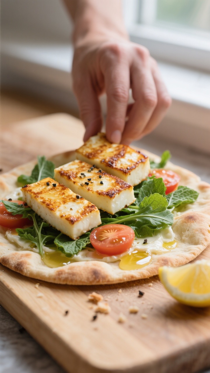 Cooking process, close-up detail: Close-up of halloumi and herb flatbread assembly — lightly seare