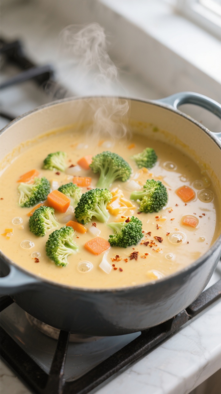 Cooking process, close-up detail: Velvety broccoli cheddar soup simmering in a Dutch oven after the 