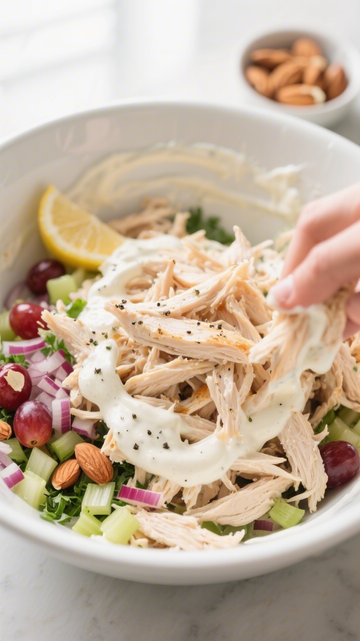 Cooking process close-up: Finely shredded rotisserie chicken being gently folded with creamy dressin
