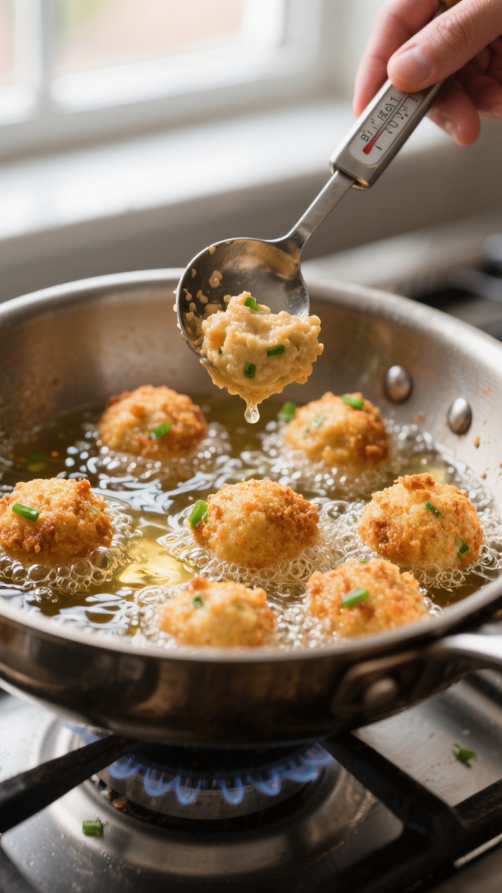 Cooking process close-up: Hush puppy batter being scooped and gently dropped into 350–365°F shimm