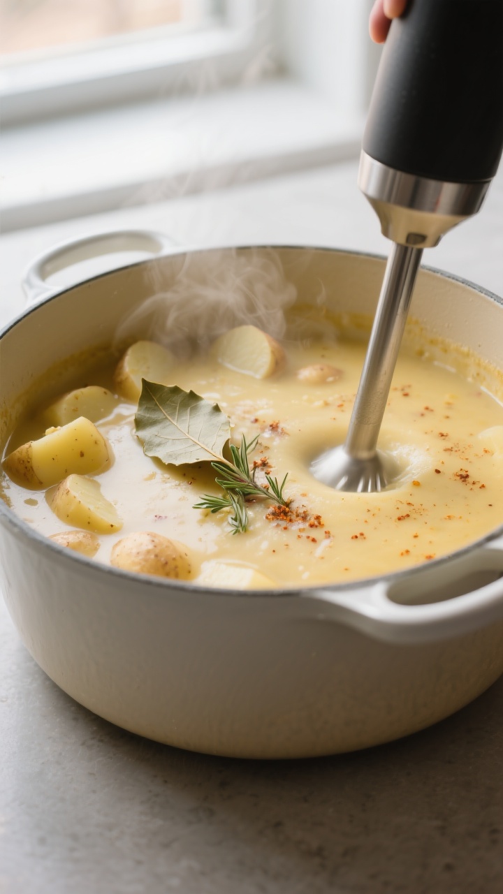 Cooking process close-up: Steaming pot of creamy potato soup mid-simmer, potatoes just turning fork-