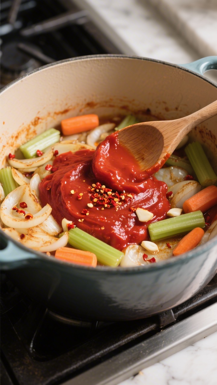 Cooking process: Dutch oven scene during the “build the base” step—tomato paste being carameli