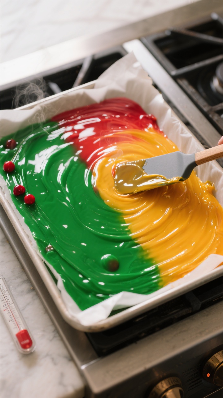 Cooking process: glossy, thickened candy mixture just poured and leveled in a parchment-lined 9x13 p