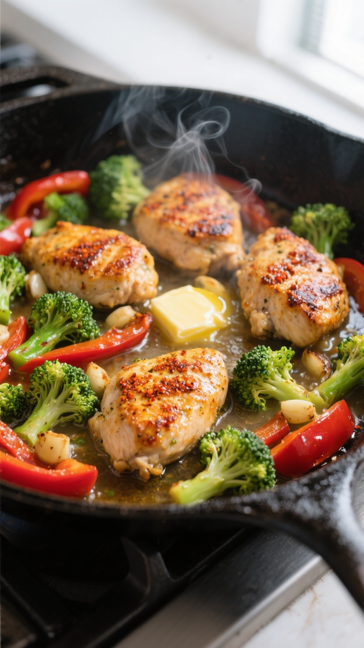 Cooking process: One-Pan Chicken and Veggie Skillet sizzling in a black cast-iron pan, close-up of g