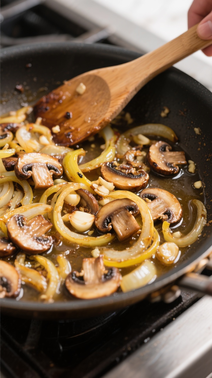 Cooking process: Onion-mushroom mixture finishing in a skillet after deglazing—browned cremini sli