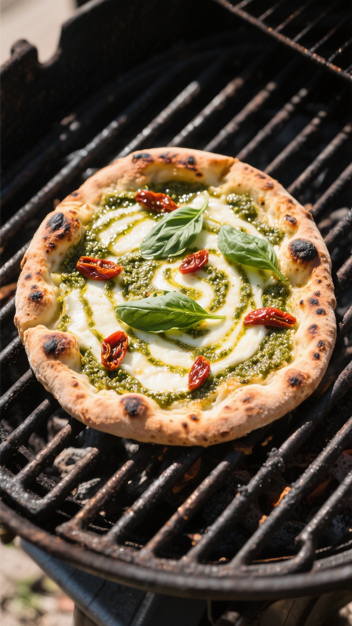 Cooking process overhead: Grilled flatbread pizza on a hot grill grate, top-down shot showing charre