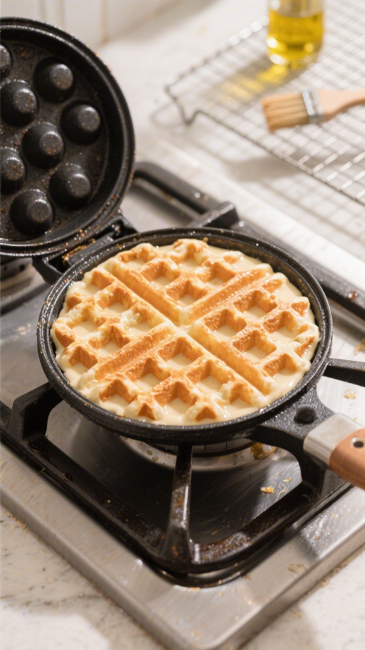 Cooking process: Overhead shot of a stovetop bubble waffle pan mid-cook right after flipping—batte